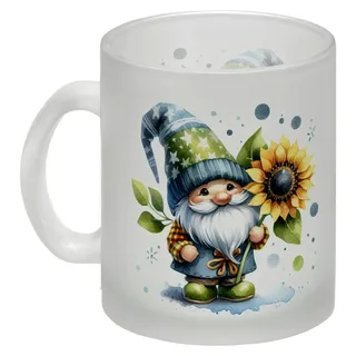 Gartenzwerg mit Sonnenblume - Gartenfigur mit Tasse im Zwergendesign
