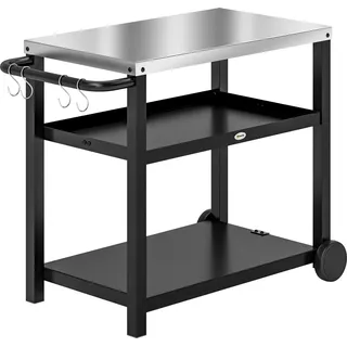 Grillwagen 3-Etagen Servierwagen mit Arbeitsfläche Ablagen Haken Räder, Edelstahl BBQ Grilltisch, Grill Beistelltisch, Outdoor Rollwagen, Holzkohlegrill für Garten Grill 102x50x81cm Kohlegrau Aosom - Dunkelgrau, Silber