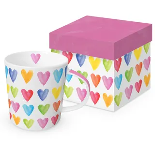 Aquarell Herzen Tasse mit Geschenkbox, Keramik Kaffeebecher mit buntem Herzmuster, Wasserfarben Design