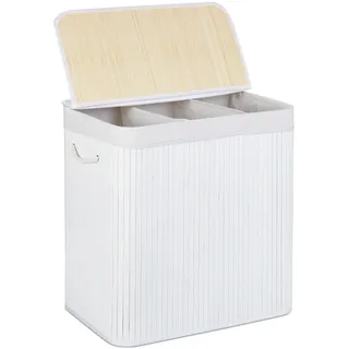 Relaxdays Wäschekorb, mit 3 Fächern, mit Deckel, rechteckiger Wäschesammler, HBT: 62 x 62,5 x 42,5 cm, aus Bambus, weiß