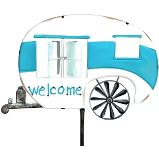 DanDiBo Ambiente DanDiBo Gartenstecker Metall Wohnwagen XL 160 cm Blau Weiß Caravan 96103 Windspiel Willkommen Windrad Wetterfest Gartendeko Gartenstab Bodenstecker Camper