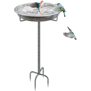 KHayRovies Metall-Vogeltränke, 91,9 cm hoch, freistehend mit 4 Zinken und Bodenpfahl, für Garten, Hof, Rasen, Retro-Silber, dekorativ und wetterfest.