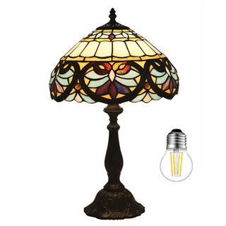 Kinbolas Tischlampe im Tiffany Stil,Vintage Nachttischlampe Schlafzimmer Deko Lampe,Jugendstil Tischleuchte,buntglas lampenschirm 30cm / 12 Zoll,Harz-Basis Mit kabel und E27 LED Birne(C-1)