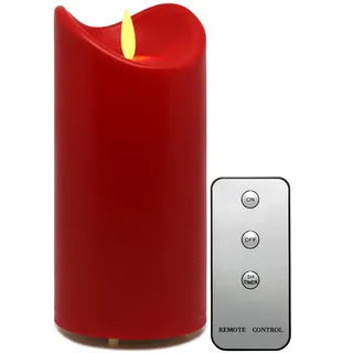 Tronje LED Outdoor Kerze - 15cm Stumpenkerze Rot mit Timer u. Fernbedienung - bewegliche Flamme - IP44 UV Hitzebeständig