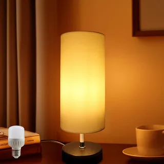 Nachttischlampe Weiß mit 6W Glühbirne, Tischlampe E27 Fassung mit Kabelschalter, 3 Farbtemperaturen 3000K/4000K/6500K mit Memory Funktion, Moderne Tischleuchte LED für Schlafzimmer Wohnzimmer