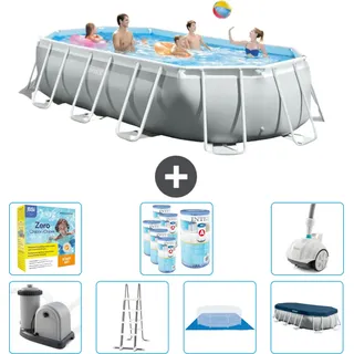 Intex Oval Prism Frame Swimmingpool – 503 x 274 x 122 cm – Grau – inklusive Pumpe – Leiter – Bodenplane – Abdeckung Wartungspaket - Filter - Staubsauger