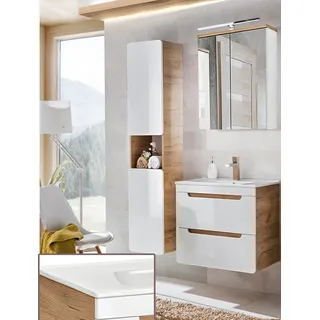 Badezimmer Waschplatz Set inkl. 61 cm Keramikwaschtisch LUTON-56 Hochglanz weiß mit Wotan Eiche Nb., B/H/T ca. 110/200/46 cm - Weiß