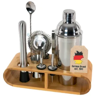 Intirilife Cocktail-Shaker Set mit Bambus-Ständer (12-tlg.) , Silberfarben , Metall , 10.5x25.5x27.5 cm , Barzubehör & Weinzubehör, Barzubehör