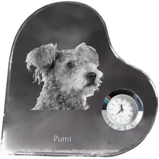 Pumi - Kristalluhr mit einem Hundebild, Herzregal-Uhr, personalisierte Standuhr der Marke Art-Dog - Transparent