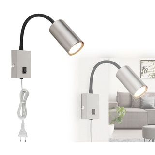 bmf-versand® Steckdosenlampe mit Schalter - Wandleuchte Innen Schlafzimmer mit Stecker und Kabel - Steckerleuchte Wandlampe Kinderzimmer für Steckdose - Leselampe Wandmontage Nickel Schwarz