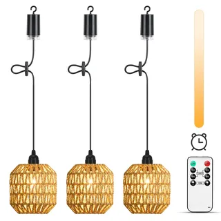 Lightsjoy 3 Stück Hängelampe mit Batterie Boho, Pendelleuchte Akku Outdoor Dimmbar, Rattan Hängeleuchte ohne Stromanschluss, Hängelampe Batteriebetrieben mit Fernbedienung IP65 für Innen Außen Hanging