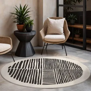 Teppich TED BAKER "Bounds, Wendeteppich", schwarz weiß, H:8mm Ø:200cm, Polypropylen, Teppiche, Teppich, Designteppich, Wetterfest, Pflegeleicht, Modern, Wohnzimmer, Terrasse