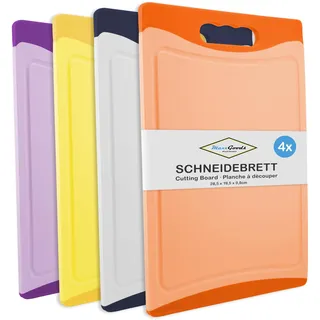MaxxGoods Schneidebrett SET 4-teilig bunt, mit Saftrille & Griff - Antibakteriell - Hackbrett, Kunststoffbrett beidseitig verwendbar & Spülmaschinenfest - (28,5x19,5x0,8 cm)