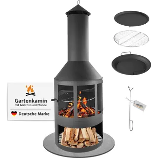 Gartenkamin mit Grillrost und Pfanne, Outdoor-Kamin mit Funkenschutztür, 136 cm hoch