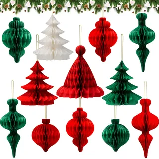 YBwanli weihnachtsdeko innen,weihnachtsdeko Tisch,weihnachtsdekoration Kugeln rot grün,papiersterne Weihnachten,12Stück,Weihnachtsbaum wabenbälle deko,neuartig und wiederverwendbar