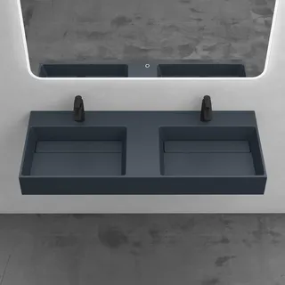 mai & mai Aufsatzwaschbecken Doppel-Waschbecken mit 2 Armaturenlöcher Hängewaschbecken Col12 120x48x13cm in matt Anthrazit aus Mineralguss ohne Überlauf