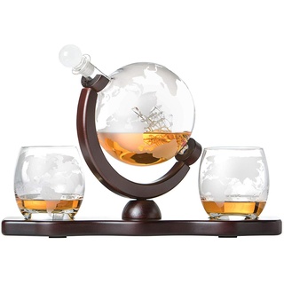 Whiskyset Glas-Karaffe Globus Segelschiff mit gravierter Weltkarte, 2 Whiskygläser und Holz-Tablett, Whisky Flasche mit luftdichtem Verschluss, Decanter 850ml Geschenkidee für Männer