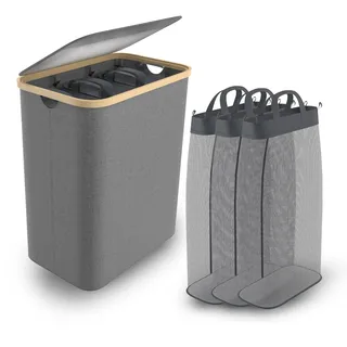 UISEBRT Wäschekorb mit Deckel, Wäschesammler 3 Fächer, 140L Wäschesack Schmal Faltbare Wäschekörbe, Extra großer Wäschesammler aus Bambus, Wäschetonne Wäschetruhe mit Deckel Laundry Baskets (Grau)