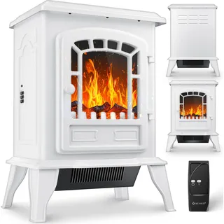 KESSER® Elektrokamin mit Heizlüfter & Fernbedienung 2000W Elektro Kamin Elektrischer Heizung LED Kaminfeuer Effekt Kaminofen Flammeneffekt Heizer Ofen geräuscharm regelbar - Weiß