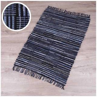 BestLivings Flickenteppich Rund 70 x 130 cm aus handgewebter Baumwolle in Jeans Check) / Blau