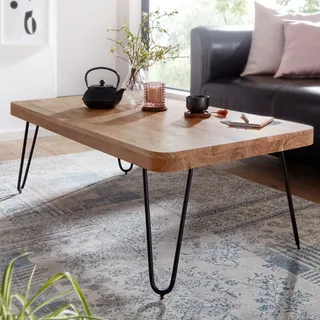 FineBuy Couchtisch Akazie Massivholz 115 cm · Rechteckiger Wohnzimmertisch im Industrial Design mit Hairpin Metall Beinen · Handgefertigt - Braun