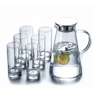 7-teiliges Set Glas karaffe Glaskrug mit Deckel Wasserkaraffe Krug mit Ausgießer Glaskanne Griff für heißes/kaltes Wasser Tee Getränke