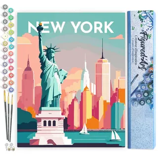 Figured'Art Malen Nach Zahlen Erwachsene Reiseposter New York - Paint by Numbers Basteln DIY Bastelset 40x50cm ohne Holzrahmen