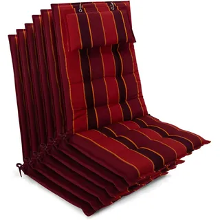 Beautissu 6er Set Sun-HL Hochlehner Auflage 120x50x8cm Rot-Anthrazit-Gestreift