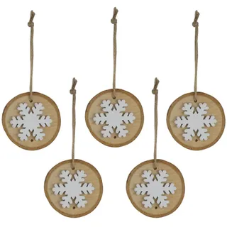 Weihnachten 5 X Holzstamm Hängende Baumdekorationen - Weiße Schneeflocken