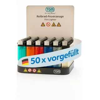 TOM 50 Einwegfeuerzeuge – Reibradfeuerzeuge im Display | 50 Gasfeuerzeuge mit Gas befüllt, Reibrad und 5 Farben – Einwegfeuerzeug Set für Haushalt & Alltag
