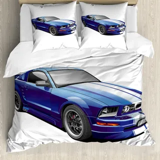 ABAKUHAUS Teen Zimmer Bettbezug, Race Car Vivid Kinder, Milbensicher Allergiker geeignet mit Kissenbezügen, 155 cm x 220 cm - 80 x 80 cm, Blau grau - Blau, Grau