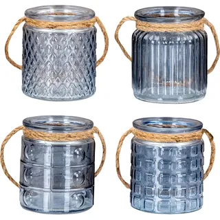 4er Set Windlicht H10cm Glas Blau Teelichthalter Tischdeko Kerzen Deko Retro