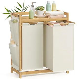 Songmics Wäschekorb 2 Fächer, Bambus, Wäschesammler 100 L, Wäschesortierer, mit Ablage, Wäschesack, kleine seitliche Taschen, Wäscheregal, 2 x 50 L, 63 x 33 x 78 cm, cremeweiß RLH100W01