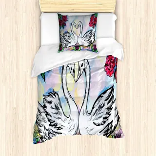 ABAKUHAUS Schwan Bettbezug Set, Schmutz Art Skizzen Bild Des Liebhaber Weißen Schwan Rote rosen als Druck, 135 x 200 cm + 80 x 80 cm, Mehrfarbig