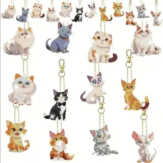 12 Stück DIY Tier Diamond Art Painting Schlüsselanhänger,Doppelseitig Katze Design Diamant Malerei Schlüsselbund für Erwachsene Kinder,Handwerk Mosaik Diamant Kunst Kit Anhänger für Tasche Dekor (A)