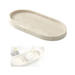 Tablett, Oval Badezimmer Tablett aus Natürlicher Travertin Beigefarbene Schmucktablett mit Erhöhter Rand 25 x 12 cm Marmor Tabletts für Kosmetikprodukte Hautpflegeprodukte Schmuck Parfüm und Kerzen