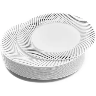 MATANA 20 Premium Weiße Plastik Dessertteller, Kleine Partyteller mit Silberrand, 18cm - Elegant, Stabil & Mehrweg - Hochzeiten, Geburtstage, Taufen, Weihnachten, Grillpartys, Partys