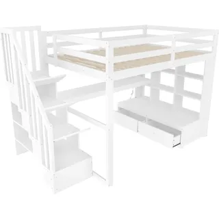 Hochbett mit Schreibtisch, 140x200 cm, LED-Streife, Lattenrost, Treppe, Stauraum, Steckdose, USB und Sitzbank, Kinderbett mit Rausfallschutz, Holzbett - Weiß