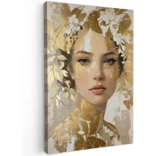MuchoWow Leinwandbild Gesicht - Frau - Blätter - Gold Wanddeko Schlafzimmer 60x90 cm , Beige , Textil , Kiefer , Abstrakt , Rechteckig , 60x90 cm , FSC 100% , gerahmt , Bilder & Rahmen, Bilder, Leinwandbilder