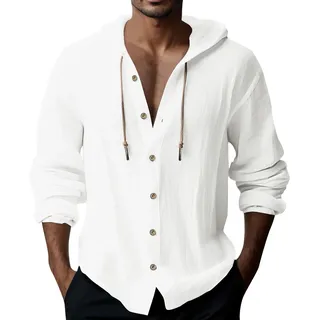 Leinenhemd Herren | Langarm Hemden mit Kapuze Sommer Hoodie Hawaii Hemd Männer Einfarbig Lässig Sommerhemd Freizeithemden Langarmshirt Linen Kapuzenhemd F