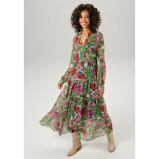 Maxikleid ANISTON CASUAL, Damen, Gr. 38, N-Gr, bunt (grün, lavendel, sand, zimt, dunkelgrün, oliv, lila, weinrot, orange, apricot), Chiffon, Obermaterial: 100% Polyester. Futter: 100% Polyester, bedruckt, geblümt, lässig geschnitten knöchellang, V-Ausschnitt, 1-Knopf-Manschette, Kleider Maxikleid, mit farbharmonischem Blumendruck im Batik-Look, Topseller