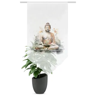 Heine HOME WOHNIDEEN Fensterbehang Zayra, Voile Digitaldruck mit Budda, transparent, Dreiecksabschluss, Farbe:Natur, Größe:100 x 60 cm, Anzahl:1x
