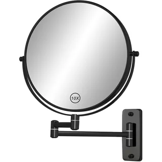 FFowcye 8" Kosmetikspiegel Wandmontage, 1X/10X Doppelseitiger Rasierspiegel, 360° Schwenkbar Ausziehbarer Badezimmerspiegel, Schwarzer Schminkspiegel mit Verlängerungsarm (Ohne Licht)