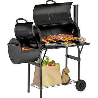 Outsunny Holzkohlegrill aus Stahl BBQ Smoker mit Deckel Thermometer Räder Ablage fahrbar Grillwagen mit Luftzufuhr Kohlewanne, Garten 109x60x120 cm - Schwarz