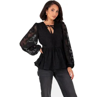 Lovedrobe Women's Floral Top Ladies Blouse Long Balloon Sleeve V-Neckline Peplum Chiffon Tie Front Smart Casual Office Wear, Schwarz 36