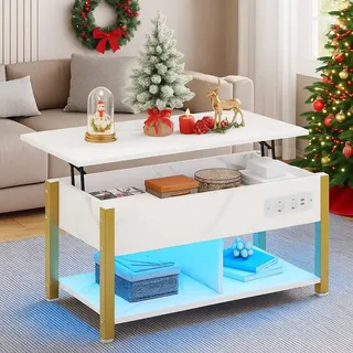 YITAHOME Couchtisch mit Anhebbarer Platte, Leicht Anzuheben, 2-Stufiger Stauraum, Höhenverstellbarer Couchtisch mit Verstecktem Staufach und LED Beleuchtung für Wohnzimmer, Büro, Weißer Marmor