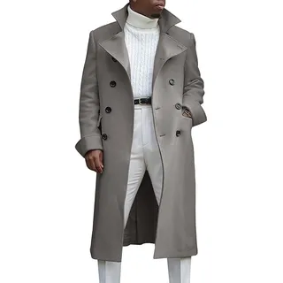 Zweireihiger Langer Trenchcoat für Herren Winter Windbreaker Mantel mit Revers Lässige Schmal Geschnittene Business Erbsenjacke (Grau,L)