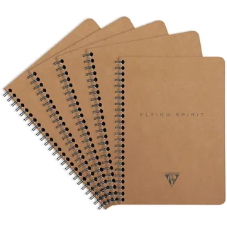 Clairefontaine 103566C - Packung mit 5 Hefte Flying Spirit mit Doppelspirale und Innentaschen DIN A5, 60 Blatt abtrennbar, liniert, Braun Motiven sortiert, 1 Pack