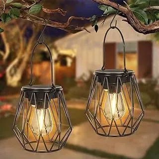Solarlampen für Außen Garten Hängend 2 Stück, Solarlaterne IP65 Wetterfest Metall Solar Laterne, Retro LED Solar Laternen 2700K Warm Weiß, Solarleuchten für Draußen Gartendeko, Camping - Schwarz