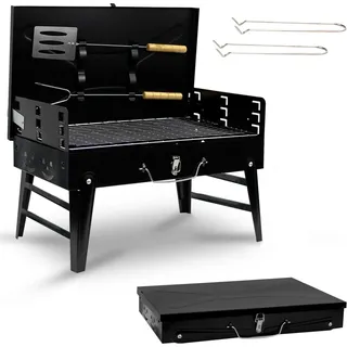 BBQ Holzkohlegrill - Tragbar klappbar Mini - Eisen - Mit Grillbesteck - Für Camping & Picknick - Ohne Zündgerät - Schwarz